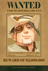 Rule 34 | 1boy, alternate universe, brown background, brown eyes, brown hair, brown shirt, character name, chengongzi123, closed mouth, collared shirt, commentary, cowboy, cowboy hat, cowboy western, english commentary, english text, eyepatch, facial hair, facial scar, goatee, golden kamuy, gun, handgun, hat, highres, looking at viewer, male focus, ogata hyakunosuke, portrait, revolver, scar, scar on cheek, scar on face, shirt, short hair, smirk, solo, very short hair, wanted, weapon, western
