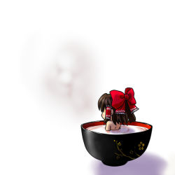 Rule 34 | 1girl, blush, brown hair, chibi, cup, hakurei reimu, in container, in cup, mini person, minigirl, nude, pun, simple background, socha, solo, teacup, touhou, unzan, when you see it