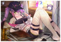 Rule 34 | 1girl, absurdres, asymmetrical legwear, bare shoulders, baseball cap, bibi (tokoyami towa), black hat, black shorts, blurry, blurry foreground, blush, cellphone, clock, commentary, crop top, cropped jacket, demon tail, ear piercing, fake horns, fang, feet out of frame, fishnet socks, fishnets, glasses, green eyes, green nails, hair ornament, hairclip, hat, highres, hololive, horned headwear, horns, indoors, jacket, long hair, long sleeves, looking at viewer, multicolored hair, multicolored nails, nail polish, nakazou2000, navel, navel piercing, no shoes, one eye closed, open clothes, open jacket, open mouth, phone, piercing, pink hair, purple hair, purple nails, short shorts, shorts, single sock, single thighhigh, smartphone, socks, solo, swimsuit, tail, tearing up, thigh strap, thighhighs, tokoyami towa, twintails, two-tone hair, uneven legwear, virtual youtuber, white jacket