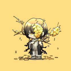 Rule 34 | 1boy, black coat, black hair, branch, chibi, coat, e.g.o (project moon), flower, flower over eye, full body, hair flower, hair ornament, hands up, highres, holding, holding branch, limbus company, long sleeves, pants, project moon, salgaoli83428, simple background, solo, spicebush (e.g.o), technology liberation alliance (identity) (project moon), white hanbok, white pants, wide sleeves, wings, yellow background, yellow eyes, yellow flower, yi sang (project moon)