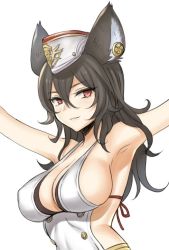 Rule 34 | 1girl, animal ears, armpits, arms up, bare shoulders, black hair, blush, breasts, buttons, cleavage, double-breasted, garrison cap, granblue fantasy, hair between eyes, hat, ilsa34660285, lang (chikage36), large breasts, long hair, midriff, parted lips, red eyes, red ribbon, revealing clothes, ribbon, simple background, smile, solo, tsurime, upper body, white background, white hat