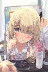 Rule 34 | 1girl, absurdres, blonde hair, blush, bob cut, brown eyes, cellphone, closed mouth, commentary request, eyebrows, female pov, hair over one eye, highres, long sleeves, mirror, ogipote, original, phone, pov, reflection, sleeves past wrists, smartphone, solo, wet, wet hair