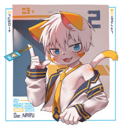 Rule 34 | 1boy, animal ears, blue eyes, cat boy, cat ears, cat tail, cosplay, fang, furry, furry male, highres, id card, kagamine len, kagamine len (cosplay), long sleeves, looking at viewer, male focus, necktie, open mouth, short hair, solo, tail, tlffhdldks, translation request, undressing, upper body, vocaloid