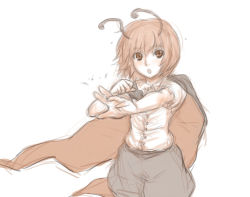 Rule 34 | 1girl, antennae, cape, kuro suto sukii, looking at viewer, open mouth, outstretched arm, shirt, short sleeves, shorts, simple background, sketch, solo, touhou, white background, wriggle nightbug