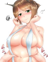 Rule 34 | 10s, 1girl, ajifurai, alternate costume, belly grab, blush, breasts, brown hair, covered erect nipples, curvy, deep skin, embarrassed, fat, green eyes, hands on own face, highres, kantai collection, large breasts, looking at viewer, mutsu (kancolle), navel, one-piece swimsuit, short hair, slingshot swimsuit, solo, swimsuit, white one-piece swimsuit