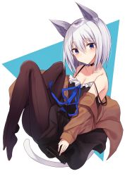 Rule 34 | 1girl, animal ear fluff, animal ears, bare shoulders, black dress, blue background, blue ribbon, breasts, brown jacket, brown pantyhose, cat ears, cat girl, cat tail, cleavage, collarbone, commentary request, dress, full body, hair between eyes, head tilt, jacket, kinona, long sleeves, looking at viewer, medium breasts, neck ribbon, no shoes, off shoulder, open clothes, open jacket, original, pantyhose, purple eyes, ribbon, short hair, silver hair, sitting, sleeveless, sleeveless dress, sleeves past wrists, smile, solo, strap slip, tail, two-tone background, white background