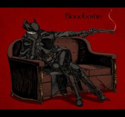 Rule 34 | 1boy, absurdres, artist name, belt, black cloak, black coat, black gloves, black hat, black mask, black pants, blood, blood splatter, bloodborne, boots, brown vest, check commentary, cloak, coat, commentary request, copyright name, couch, crossed legs, gloves, grey eyes, grey hair, gun, hand on own cheek, hand on own face, handgun, hat, highres, holding, holding gun, holding weapon, hunter (bloodborne), kamezaemon, leg armor, long coat, looking away, male focus, mask, mouth mask, outstretched arm, pants, pistol, red background, short hair, simple background, sitting, smoke, smoking gun, solo, tricorne, vambraces, vest, weapon