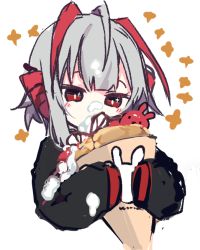 Rule 34 | 1girl, arknights, black jacket, chibi, cream, cream on face, crepe, cropped torso, eating, food, food on face, grey hair, holding, holding food, jacket, long sleeves, multicolored hair, red eyes, red hair, simple background, sketch, sleeves past fingers, sleeves past wrists, solo, streaked hair, sukima (crie), upper body, w (arknights), white background