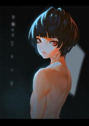 Rule 34 | 10s, 1girl, back, blue hair, blunt bangs, blurry, blurry background, closed mouth, dark background, eyelashes, flat chest, from side, highres, letterboxed, lips, looking at viewer, nude, persona, persona 5, ray (nagaseray), red eyes, short hair, solo, takemi tae, tsurime, upper body