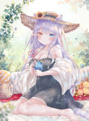 Rule 34 | 1girl, absurdres, animal ear fluff, animal ears, bare shoulders, barefoot, basket, black dress, blue eyes, blurry, blurry foreground, blush, breasts, brown eyes, brown hat, cat ears, cat girl, cat tail, cleavage, closed mouth, commentary request, crazy straw, cup, depth of field, dress, drink, drinking glass, drinking straw, ears through headwear, flower, food, frilled dress, frills, fruit, full body, hat, hat flower, heart straw, heterochromia, highres, holding, holding cup, light smile, long hair, long sleeves, looking at viewer, medium breasts, orange (fruit), orange slice, original, see-through, see-through sleeves, silver hair, sitting, sleeveless, sleeveless dress, solo, straw hat, sunflower, tail, very long hair, wariza, wide sleeves, yellow flower, yenshin (k5142204)