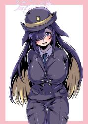 Rule 34 | 1girl, arms behind back, black hat, black jacket, black pants, blonde hair, blue archive, blue necktie, breasts, buttons, collared shirt, colored inner hair, cowboy shot, double-breasted, hair over one eye, halo, hat, highres, jacket, large breasts, long hair, looking at viewer, multicolored hair, necktie, one eye covered, open mouth, pants, purple eyes, purple hair, purple halo, ryuki (red dolphinman), shirt, solo, sweat, tsukuyo (blue archive)