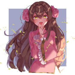 Rule 34 | 1girl, ahoge, axis powers hetalia, brown eyes, brown hair, changpao, chinese clothes, flower, frilled sleeves, frills, hair flower, hair ornament, hand on own face, hatake hukuro, head rest, long hair, looking at viewer, open mouth, smile, sunlight, taiwan (hetalia), wide sleeves