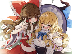 Rule 34 | 2girls, adapted costume, artist name, ascot, black dress, black headwear, blonde hair, blue bow, blue ribbon, blush, bow, breasts, brown eyes, brown hair, cleavage, cleavage cutout, closed eyes, closed mouth, clothing cutout, collarbone, dress, hair between eyes, hair bow, hakurei reimu, hat, hat bow, index finger raised, japanese clothes, kirisame marisa, long hair, long sleeves, midriff, multiple girls, nontraditional miko, open mouth, piyokichi, red bow, red skirt, ribbon, simple background, skirt, small breasts, smile, touhou, v, white background, witch hat, yellow ascot