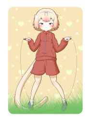 Rule 34 | 10s, 1girl, alternate costume, anteater ears, anteater tail, bad id, bad pixiv id, blonde hair, blush, bow, grass, hairband, heart, highres, jump rope, kemono friends, multicolored hair, pink hair, rakugakiraid, silky anteater (kemono friends), solo, sportswear, two-tone hair