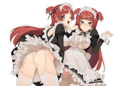 Rule 34 | 2girls, 2l (2lsize), apron, ass, black dress, blush, breasts, commentary request, dress, extended upskirt, frilled dress, frills, garter belt, grey eyes, juliet sleeves, large breasts, long hair, long sleeves, looking at viewer, maid, maid apron, maid headdress, multiple girls, one eye closed, open mouth, original, panties, pantyshot, puffy sleeves, red hair, siblings, simple background, sisters, standing, thighhighs, two side up, underwear, upskirt, waist apron, white background, white legwear, white panties