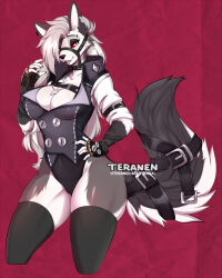 1girl animal_nose body_fur breasts cosplay crossover furry furry_female grey_fur helluva_boss large_breasts loona_(helluva_boss) red_background snout solo tail teranen two-tone_fur von_lycaon von_lycaon_(cosplay) white_fur wolf_girl wolf_tail zenless_zone_zero