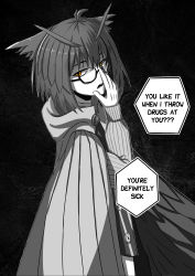 Rule 34 | absurdres, arknights, back turned, bad id, bad pixiv id, cape, commentary, english commentary, english text, feather hair, glaring, glasses, highres, ichi10art, long sleeves, monochrome, monochrome background, owl ears, short hair, silence (arknights), solo, yellow eyes