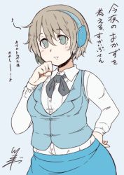 Rule 34 | 1girl, bow, bowtie, brown hair, clenched hand, commentary request, female focus, flat color, grey eyes, hand on own hip, hand to own mouth, headset, long sleeves, aged up, parted lips, personification, short hair, signature, simple background, skype, solo, translation request, tsukigi, vest