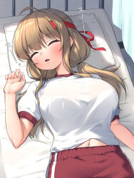 1girl ahoge bed blush bra_visible_through_clothes breasts brown_hair closed_eyes commentary_request gym_uniform headband highres infirmary kuromasu large_breasts long_hair low_twintails lying navel nishikawa_yuna_(kuromasu) on_back on_bed open_mouth original red_headband red_shorts shirt short_sleeves shorts sidelocks solo twintails white_shirt