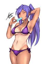 Rule 34 | 1girl, absurdres, airisubaka, bikini, breasts, cleavage, food, highres, ice cream, iris heart, kami jigen game neptune v, large breasts, long hair, looking at viewer, navel, neptune (series), one eye closed, ponytail, purple hair, red eyes, signature, simple background, solo, swimsuit, symbol-shaped pupils, tan, tanline, white background