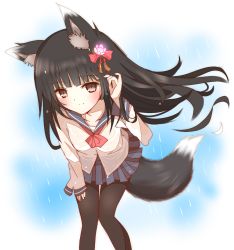Rule 34 | 1girl, adjusting hair, animal ears, bent over, black eyes, black hair, black pantyhose, blue background, fox ears, fox tail, hair ornament, leaning forward, long hair, long sleeves, looking at viewer, neckerchief, non (wednesday-classic), original, pantyhose, rain, school uniform, simple background, solo, sweater vest, tail, very long hair, wet, wet clothes