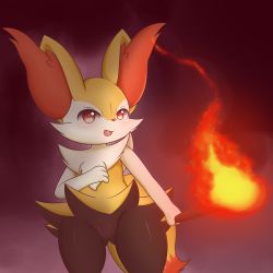 Rule 34 | 1girl, absurdres, animal ears, blush, braixen, creatures (company), fang, female focus, fire, fox ears, fox tail, furry, furry female, game freak, gen 6 pokemon, hand up, highres, holding, kinako (kinako kemono), nintendo, open mouth, pokemon, pokemon (creature), pussy, red eyes, smile, solo, standing, stick, tail, uncensored