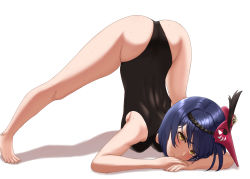 Rule 34 | 1girl, 1nilla&#039;, arm rest, ass, blue hair, commentary, english commentary, frown, genshin impact, highres, jack-o&#039; challenge, kujou sara, leotard, looking at viewer, mask, mask on head, shadow, short hair, simple background, solo, swept bangs, tengu mask, tiptoes, top-down bottom-up, white background, yellow eyes