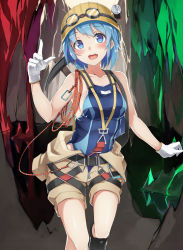 Rule 34 | 1girl, :d, blue eyes, blue hair, blue one-piece swimsuit, breasts, cave, clothes around waist, collarbone, competition swimsuit, cowboy shot, flashlight, gloves, goggles, goggles on head, hair ribbon, hard hat, harness, helmet, heroes placement, jumpsuit, matching hair/eyes, nanahara fuyuki, one-piece swimsuit, open clothes, open mouth, pants, pants rolled up, pickaxe, ribbon, rope, short hair, short jumpsuit, shorts, smile, solo, swimsuit, swimsuit under clothes, tress ribbon, unzipped, white gloves