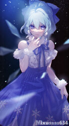 Rule 34 | 1girl, adapted costume, aged up, artist name, black background, blue bow, blue eyes, blue hair, blue nails, blue ribbon, blue skirt, bow, cirno, closed mouth, commentary request, earrings, feet out of frame, fur bracelet, fur trim, hair between eyes, hair bow, hand up, high-waist skirt, highres, ice, ice wings, jewelry, lips, long skirt, looking at viewer, medium hair, nail polish, neck ribbon, ribbon, shirt, skirt, skirt hold, sleeveless, sleeveless shirt, smile, snowflake print, snowing, soi soi (mixueeee634), solo, touhou, white shirt, wings