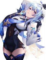 Rule 34 | 1girl, black hairband, black leotard, blue hair, blue necktie, blue thighhighs, boots, breasts, cape, commentary, eula (genshin impact), expulse, genshin impact, gloves, hair ornament, hairband, highres, large breasts, leotard, long sleeves, looking at viewer, medium hair, multicolored eyes, necktie, solo, thigh boots, thigh strap, thighhighs, thighs, yellow eyes