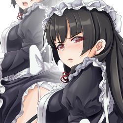 Rule 34 | 1girl, alternate costume, apron, black hair, blush, bonnet, breasts, enmaided, garter straps, glaring, isokaze (kancolle), kantai collection, long hair, looking at viewer, maid, maid apron, open mouth, panties, red eyes, simple background, teeth, tk8d32, underwear, white background, white panties, zoom layer