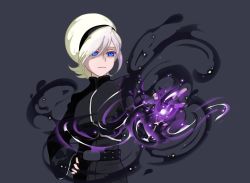 Rule 34 | 1boy, ash crimson, belt, black background, black hairband, blue eyes, closed mouth, dark ash, darkness, esther (buttercesther), hairband, hand on own hip, long sleeves, male focus, short hair, simple background, the king of fighters, the king of fighters xiii, upper body, white hair