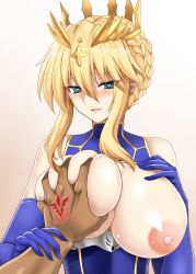 Rule 34 | 1girl, artoria pendragon (fate), artoria pendragon (lancer) (fate), bare shoulders, blonde hair, blue eyes, blue gloves, blue leotard, blush, braid, breasts, breasts out, command spell, crown, crown braid, deep skin, elbow gloves, fate/grand order, fate (series), french braid, gloves, grabbing, grabbing another&#039;s breast, grabbing another's breast, gradient background, guided breast grab, guiding hand, hair between eyes, hand on own chest, heart, heart-shaped pupils, heattech leotard, hellandheaven, highres, hypnosis, large breasts, leotard, long hair, looking at viewer, mind control, nipples, parted lips, pov, side braid, sidelocks, smile, symbol-shaped pupils, turtleneck, upper body