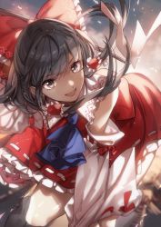 Rule 34 | 1girl, ascot, black eyes, black hair, bow, close-up, detached sleeves, gohei, hair bow, hair tubes, hakurei reimu, highres, long hair, looking at viewer, no-kan, red bow, red skirt, ribbon-trimmed skirt, ribbon-trimmed sleeves, ribbon trim, shide, skirt, skirt set, smile, solo, touhou, vest