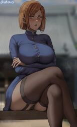 Rule 34 | 1girl, architecture, arms under breasts, artist name, black panties, black thighhighs, blue jacket, blurry, blurry background, blush, breasts, brown eyes, brown hair, collared jacket, crossed arms, crossed legs, east asian architecture, feet out of frame, highres, jacket, jujutsu kaisen, jujutsu tech uniform, kugisaki nobara, large breasts, long sleeves, looking at viewer, open mouth, oroborus, outdoors, panties, pantyshot, parted bangs, short hair, sitting, solo, thighhighs, thighs, torn clothes, underwear