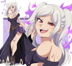 Rule 34 | 1girl, absurdres, alternate costume, bare shoulders, black dress, breasts, brown eyes, cleavage, corruption, dark persona, dress, dual persona, evil smile, fangs, fire, fire emblem, fire emblem awakening, gala dress, grima (fire emblem), hand on own face, high heels, highres, intelligent systems, karbuitt, large breasts, looking at viewer, looking back, multiple girls, nintendo, parted bangs, possessed, possession, purple fire, red eyes, robin (female) (fire emblem), robin (fire emblem), smile, teeth, twintails, upper teeth only, white hair