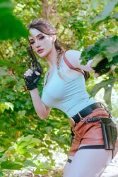 Rule 34 | 1girl, argentine (nationality), bare arms, black gloves, braid, braided ponytail, breasts, cleavage, cosplay, day, fingerless gloves, gloves, gun, handgun, highres, holding, holding gun, holding weapon, lara croft, lara croft (cosplay), lips, medium breasts, shirt, short shorts, shorts, single braid, sophie valentine, tomb raider, tree, weapon, wide hips