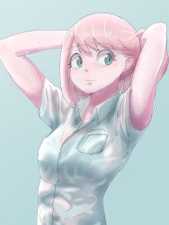 Rule 34 | 1girl, arms behind head, arms up, ase shibuki, blush, bra visible through clothes, breast pocket, breasts, closed mouth, collared shirt, embarrassed, eyelashes, green eyes, grey background, highres, komi-san wa komyushou desu, looking away, pink hair, pocket, school uniform, see-through, see-through shirt, shirt, short sleeves, simple background, small breasts, sweat, sweaty clothes, takita (takita3411), tying hair, upper body, wet, wet clothes, white shirt