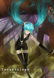 Rule 34 | 1girl, alternate costume, aqua eyes, aqua hair, artist name, black thighhighs, bodysuit, breasts, bridal gauntlets, cameltoe, center opening, cleavage, copyright name, floating hair, full body, hair between eyes, hairband, hand on own head, hand up, hatsune miku, latex, leaning forward, long hair, navel, oe-eo, outstretched arm, parted lips, skinny, solo, tears, thighhighs, twintails, unitard, very long hair, vocaloid, zettai ryouiki