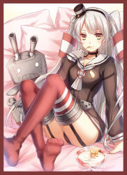 Rule 34 | 10s, 1girl, amatsukaze (kancolle), ass, bad id, bad pixiv id, black panties, cannon, collarbone, dress, eating, food, food on face, framed, garter straps, grey neckerchief, hair tubes, hat, highres, kantai collection, long hair, looking at viewer, mini hat, mini top hat, neckerchief, panties, pantyshot, personification, pillow, red thighhighs, rensouhou-kun, sailor dress, school uniform, serafuku, short dress, silver hair, sitting, solo, spilling, spoon, thighhighs, top hat, twintails, two side up, underwear, very long hair, yellow eyes, yezhi na