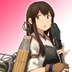 Rule 34 | 10s, 1girl, :o, akagi (kancolle), arrow (projectile), brown eyes, brown gloves, brown hair, flight deck, gloves, holding, japanese clothes, kantai collection, long hair, looking away, lowres, microphone, muneate, official art, open mouth, partially fingerless gloves, partly fingerless gloves, quiver, shibafu (glock23), single glove, solo, yugake