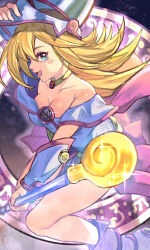 Rule 34 | 1girl, blonde hair, blue dress, blue eyes, blue hat, blush stickers, breasts, cleavage, dark magician girl, dress, duel monster, hand on headwear, hat, highres, holding, holding staff, long hair, looking at viewer, medium breasts, open mouth, pink skirt, skirt, solo, staff, tomaton (t 0), wizard hat, yu-gi-oh!, yu-gi-oh! duel monsters