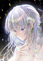 Rule 34 | 1girl, braid, chromatic aberration, collarbone, crown braid, crying, crying with eyes open, flower, hair behind ear, hair flower, hair ornament, hand on own chest, highres, inia sestina, koma (kkbodkk), lens flare, muv-luv, muv-luv alternative, muv-luv total eclipse, portrait, purple eyes, silver hair, smile, solo, tears, white flower