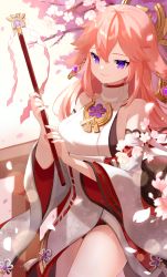 Rule 34 | 1girl, absurdres, animal ears, blurry, branch, cherry blossoms, commentary request, depth of field, detached sleeves, earrings, fox ears, genshin impact, gohei, hair between eyes, hair ornament, highres, holding, holding weapon, japanese clothes, jewelry, long hair, long sleeves, looking at viewer, miko, miyako draw, necklace, parted lips, petals, pink hair, purple eyes, sidelocks, smile, solo, vision (genshin impact), weapon, wide sleeves, yae miko