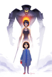 Rule 34 | 1girl, aged down, animification, arm blade, black hair, blue dress, blue hair, bob cut, cannon, chest cannon, child, coat, dana guerrieri, dress, dual persona, energy cannon, gd6 chain sword, gipsy danger, glowing, jaeger (pacific rim), legendary pictures, mako mori, mecha, nuclear vortex turbine, pacific rim, pan pacific defense corps, polearm, red footwear, robot, shoes, short hair, signature, single shoe, spoilers, staff, staff (weapon), sword, tank top, weapon, whip sword