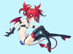 Rule 34 | 1girl, ar (3779609928), black bra, black footwear, black gloves, boots, bra, breasts, disgaea, earrings, elbow gloves, etna (disgaea), gloves, jewelry, looking at viewer, makai senki disgaea, pointy ears, red eyes, red hair, red thighhighs, short hair, simple background, skirt, skull earrings, small breasts, solo, studded bracelet, thigh boots, thighhighs, thighhighs under boots, twintails, underwear