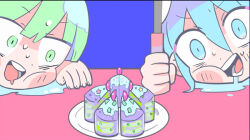 Rule 34 | 1boy, 1girl, blue background, blue eyes, blue hair, blunt bangs, blush stickers, cake, cake slice, character request, commentary request, copyright request, drooling, food, green eyes, green hair, hair between eyes, hand on table, head on table, holding, holding knife, knife, looking at food, open mouth, plate, portrait, saliva pool, simple background, smile, sweat, table, teeth, terada tera, v-shaped eyebrows, wide-eyed