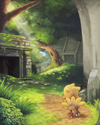 Rule 34 | absurdres, bad id, bad pixiv id, chocobo, final fantasy, forest, highres, machika (mukulife), nature, no humans, overgrown, plant, ruins, scenery, sunlight, walking