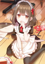 Rule 34 | 1girl, absurdres, apron, black pantyhose, black thighhighs, brown eyes, brown hair, cake, cake slice, drinking straw, failure, food, fork, glass, glint, hand up, highres, ice, ice cube, indoors, iren lovel, looking at viewer, maid, maid apron, maid headdress, medium hair, original, pantyhose, sitting, solo, spill, tearing up, thighhighs, tray, waitress, wariza, wrist cuffs