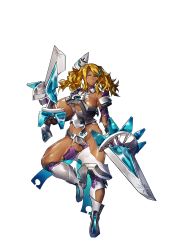 Rule 34 | 1girl, armor, blonde hair, blue eyes, blush, breasts, broken, broken armor, broken sword, broken weapon, brown gloves, closed mouth, dark-skinned female, dark skin, dual wielding, embarrassed, feet, female focus, full body, game cg, gloves, groin, hair ornament, hairclip, hand up, highres, holding, holding sword, holding weapon, huge breasts, leg up, legs, long hair, looking at viewer, maou to shugo kishi, melon22, nipples, original, solo, standing, standing on one leg, sweatdrop, sword, thighs, transparent background, twintails, weapon